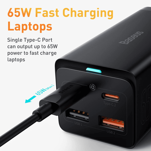 65W Baseus GaN3 USB C Charger with 2 Outlets & 3 Fast Charging Ports with 100W Type C Cable Price in Pakistan | Fonepro.pk