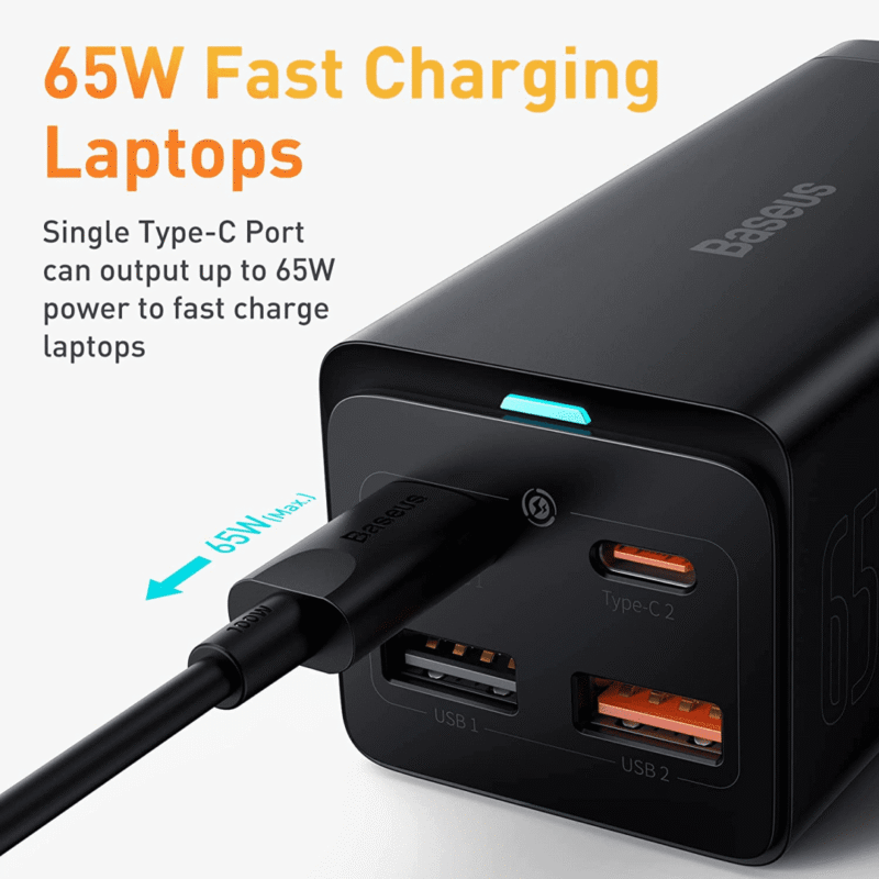 65W Baseus GaN3 USB C Charger with 2 Outlets & 3 Fast Charging Ports