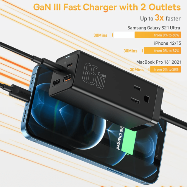 65W Baseus GaN3 USB C Charger with 2 Outlets & 3 Fast Charging Ports with 100W Type C Cable Price in Pakistan | Fonepro.pk