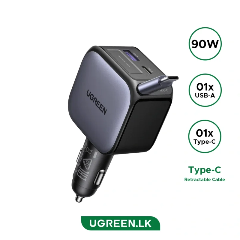 UGREEN 90W Retractable Cable With Type-C Car Charger