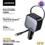 UGREEN 60W 2C1A Car Charger with Retractable Cable
