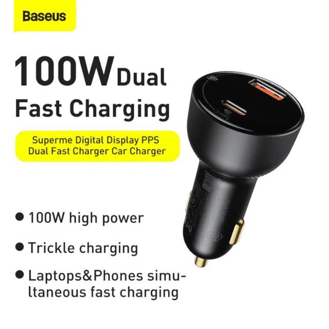 Buy Baseus Supreme 100W Digital SuperFast Car Charger U+C in Pakistan